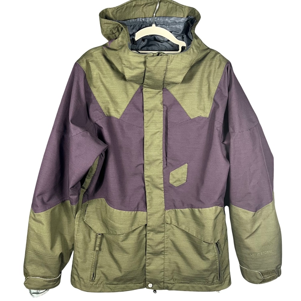 Volcom Snowboard Jacket Mens XS Olive Purple TDS Tech Let It Storm Hooded Shell